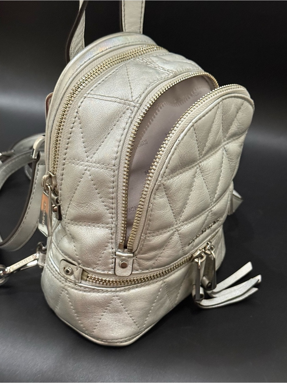 MICHAEL KORS Rhea Mini Silver Metallic Quilted Leather Mini Backpack
EUC - Picture 6 of 16